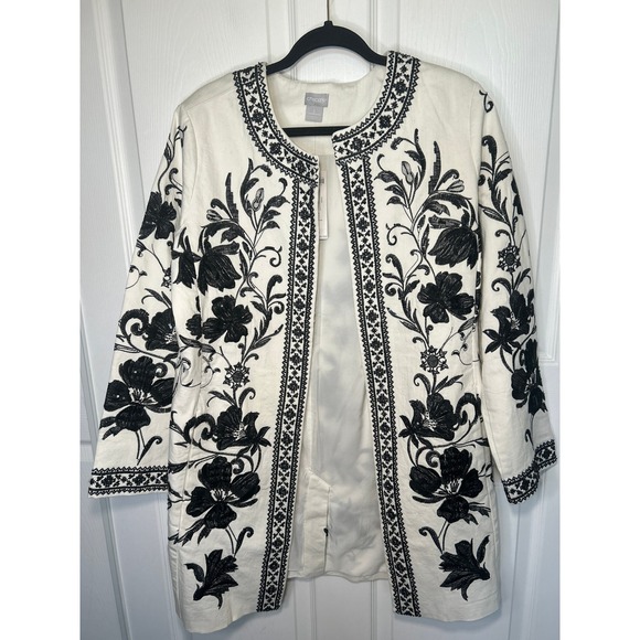Chicos NWT Embroidered Black White LS Jacket Topper Floral Sequin 2 L 12 14 - Picture 2 of 7